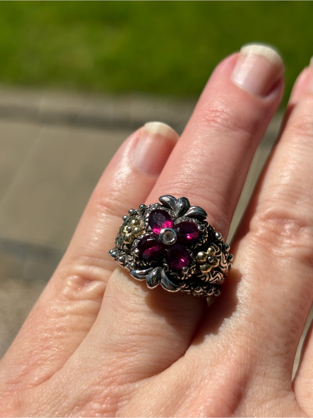 Barbara Bixby Sterling Silver Lotus Ring with Rhodolite Garnets Size 6.5